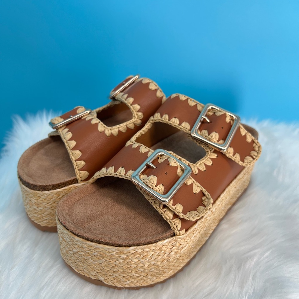 Brown and Cream Platform Shoes with Decorative Straps - Picture 7 of 10